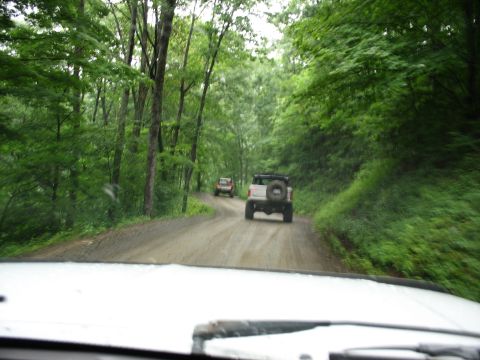 1995 Ford C-350 (Centurion Conversions) - Two SUVs drive down a tree-lined dirt road on a cloudy day.
