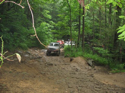 1995 Ford C-350 (Centurion Conversions) - A convoy of off-road vehicles navigates a challenging muddy trail in a wooded area.