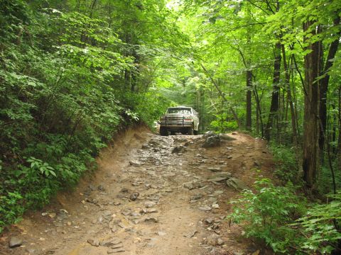 1995 Ford C-350 (Centurion Conversions) - A white van navigates a challenging, rocky path through a dense, green forest.
