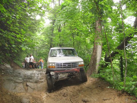 1995 Ford C-350 (Centurion Conversions) - A modified 1995 Ford C-350 (Centurion Conversions) van tackles a challenging muddy trail surrounded by lush green trees.