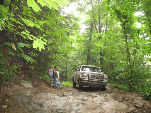 1995 Ford C-350 (Centurion Conversions) - Silver Ford Bronco navigates a rough, off-road path surrounded by lush green trees.