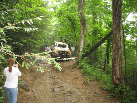1995 Ford C-350 (Centurion Conversions) - Two SUVs navigate a challenging muddy trail through a dense forest.