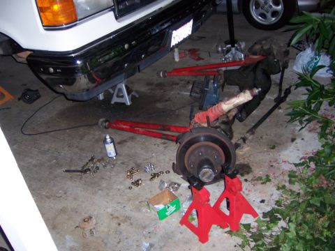 1991 Ford Bronco - Front suspension of a 1991 Ford Bronco disassembled for lift kit installation.