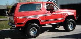 1986 Ford Bronco - This red SUV is parked on a paved surface with a building in the background.