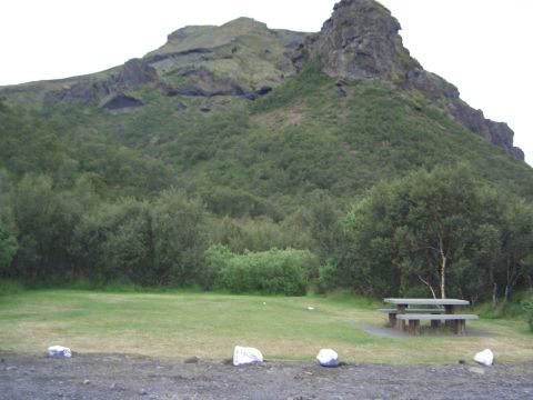 1974 Ford Bronco - A picnic area is situated in front of a large, green, tree-covered mountain.