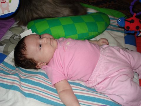 2000 Ford Crown Victoria - A baby girl lies on a blanket with toys, possibly a scene from her first year.