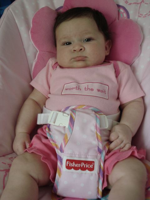 2000 Ford Crown Victoria - A baby sits in a pink Fisher-Price bouncer, wearing a pink shirt that says "worth the wait."