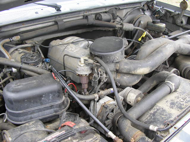 engine bay with hoses, air filter housing, and brake fluid reservoir