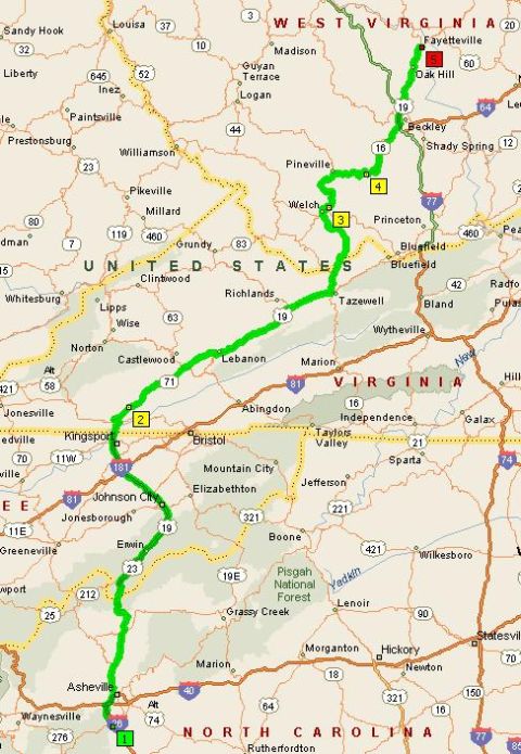 1985 Ford LTD Crown Victoria - This map displays a route traversing parts of West Virginia and North Carolina, highlighting various towns and highways.