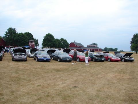 1993 Ford Taurus - A collection of Ford Taurus vehicles are displayed outdoors, with some hoods open, under a cloudy sky.