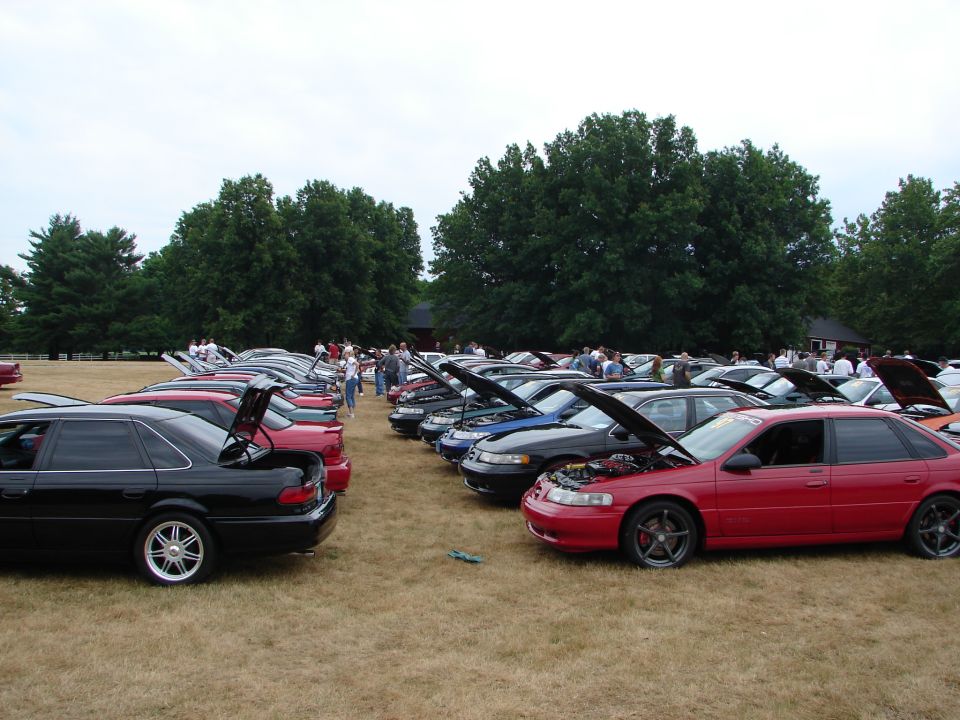 Rows of Ford Taurus cars parked on grass, some with hoods open. 1993 Ford Taurus models are visible