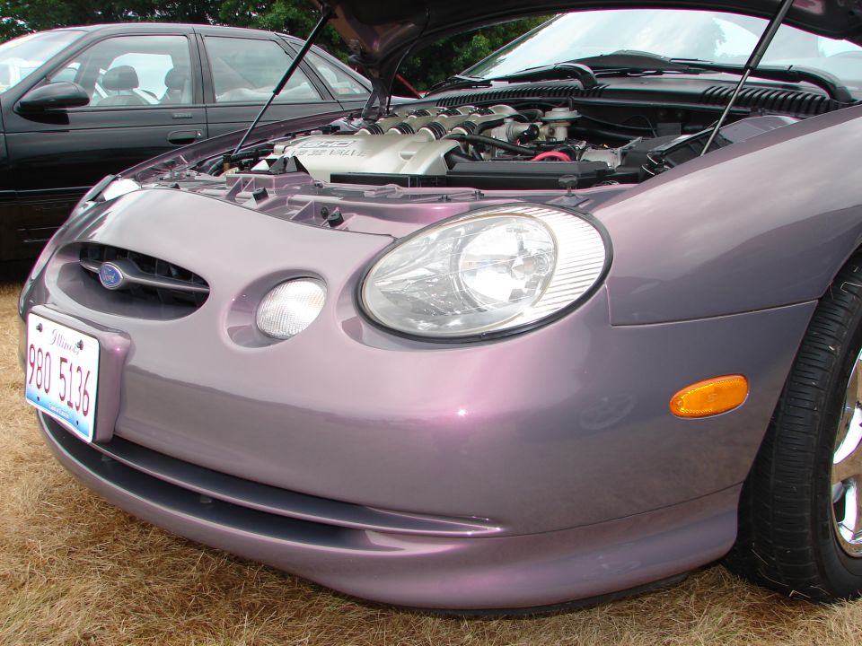 1993 Ford Taurus front view, purple, hood open