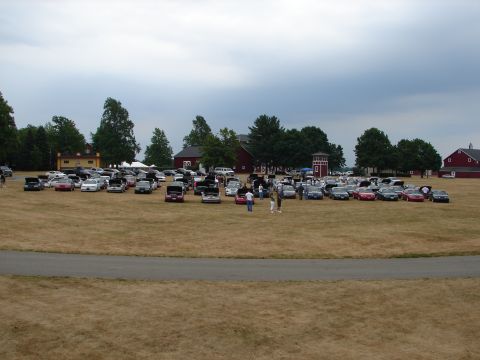1993 Ford Taurus - A large gathering of cars are parked on a field, many with their hoods open, suggesting a car show or exhibition.