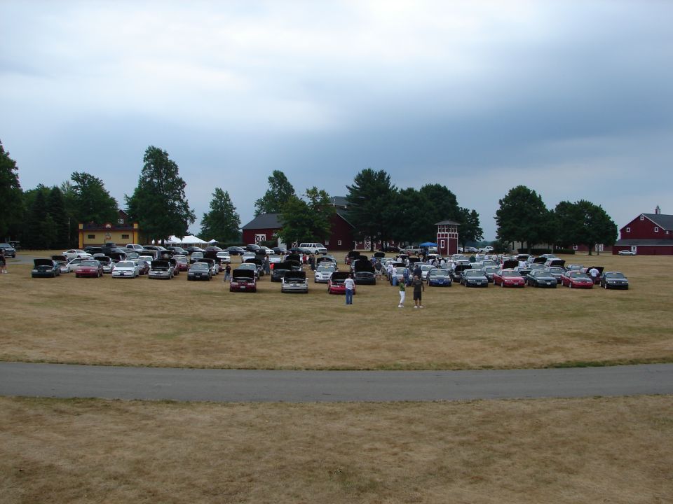 Many cars parked on a dry field with buildings and trees in the background