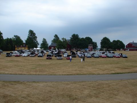 1993 Ford Taurus - A large gathering of cars is parked on a field, with several people milling about.