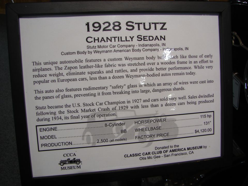 Sign about 1928 Stutz Chantilly Sedan, detailing its history and specifications