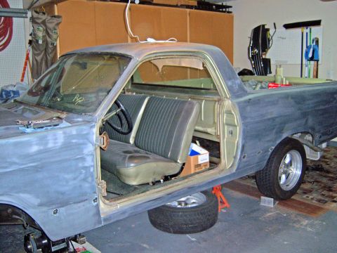 1967 Ford Ranchero - door off to paint prep jambs and repair door