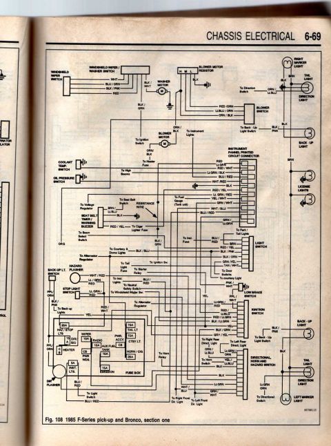 1986 Ford Bronco - This diagram illustrates the chassis electrical system for the 1985 Ford F-Series pick-up and Bronco.