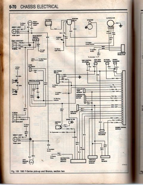 1986 Ford Bronco - This diagram details the chassis electrical system for 1985 F-Series pick-up and Bronco models.