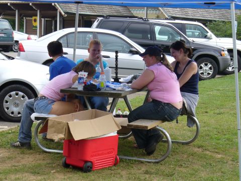 1991 Ford Probe - A group of people are enjoying a gathering at a picnic table, with a few vehicles visible in the background.