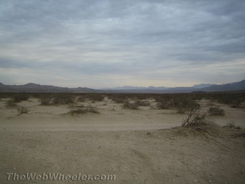 1990 Ford Bronco - open desert landscape dotted with scrub brush, with distant mountains under a grey, overcast sky.
