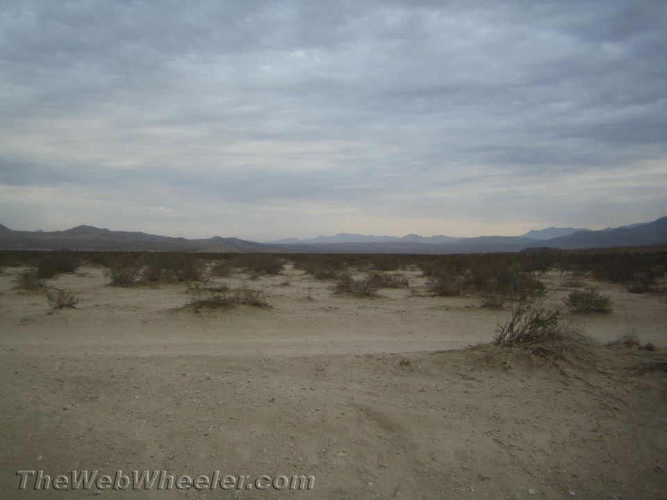 Open desert landscape with scrub brush, distant mountains and overcast sky