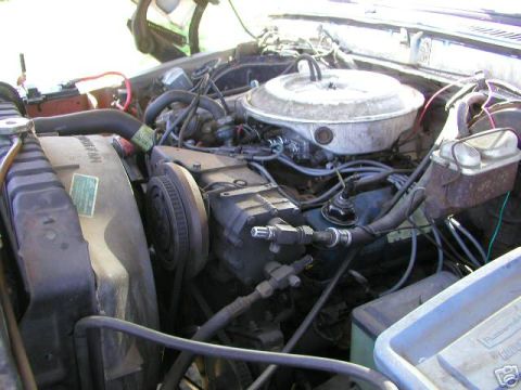 1978 Ford Bronco - Close-up view of a vehicle's engine bay, showing the V8 engine, air cleaner, radiator, and brake fluid reservoir.