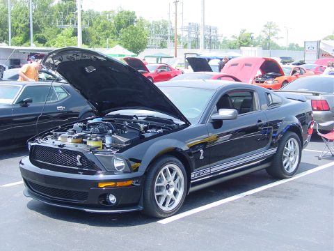 1986 Ford Mustang - A black Ford Mustang GT500 is displayed with its hood open at an outdoor car show.