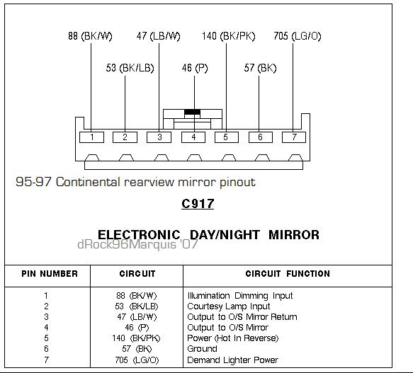 Connector pinout for C917 electronic day/night mirror with seven pins and circuit function table