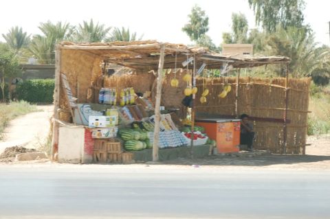 1996 Ford Bronco - A roadside stand displays a variety of fruits and beverages under a thatched roof, with a person visible inside.