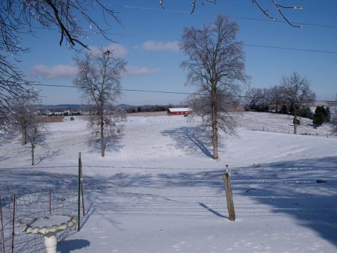 1996 Ford Bronco - A winter scene unfolds with a distant red barn and snow-covered fields under a clear blue sky.