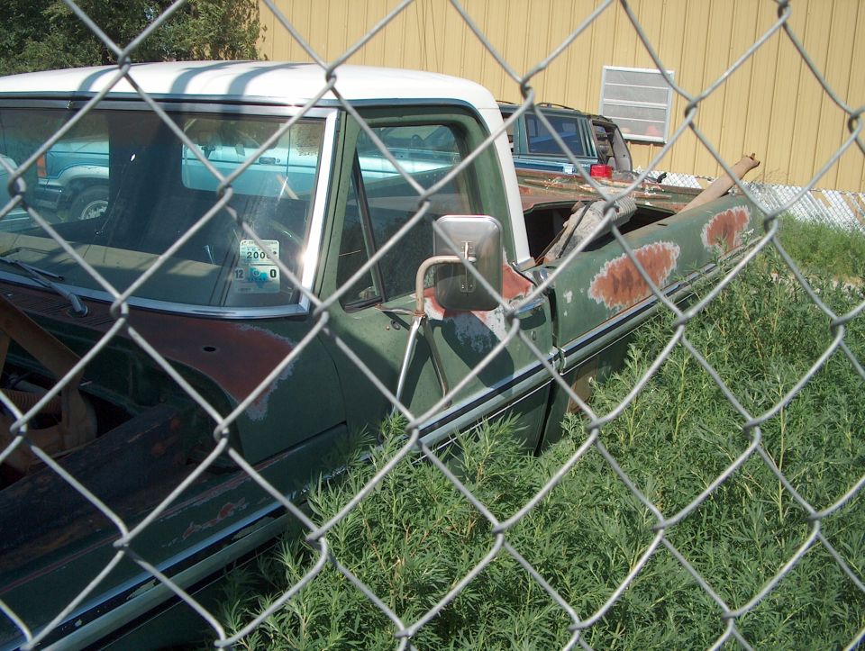 Green pickup truck side view, license plate visible