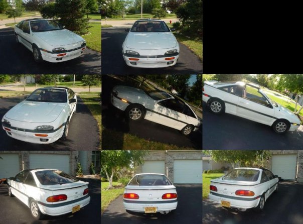 Nine-photo collage of a white compact sport coupe from multiple angles