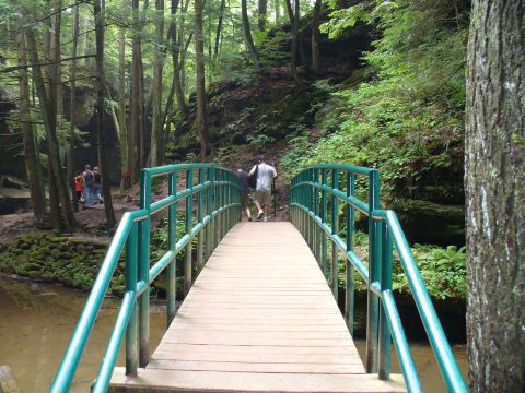 1991 Ford Probe - A wooden bridge crosses a stream in a lush, green forest, with several people walking across it.
