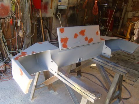 1989 Ford Bronco - Front bumper assembly for a 1989 Ford Bronco undergoing bodywork and prep for paint.