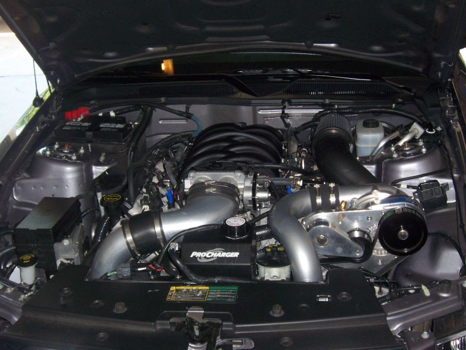 2006 Ford Mustang engine bay with ProCharger supercharger installed