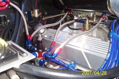 1977 Ford F-150 - Aeromotive fuel pressure regulator feeding 850 Demon, fuel pressure gauge and nitrous fuel solenoid.