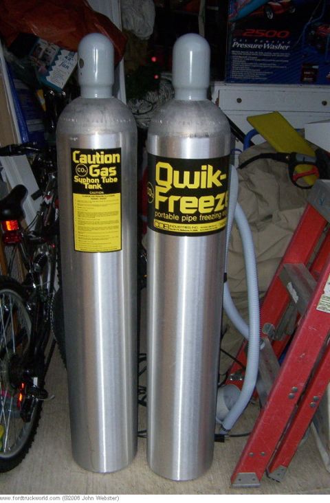 1977 Ford F-150 - These two 50# CO2 bottles were used. They were hydrostaticly tested and filled with nitrous with NOS high flow valves.