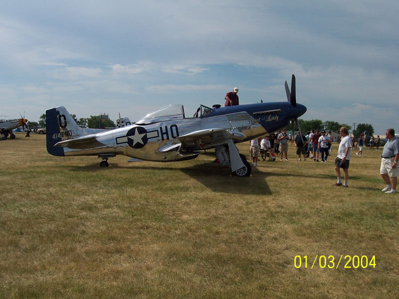 P-51 Mustang airplane with 'HO' and '414790' markings on grassy field, people around