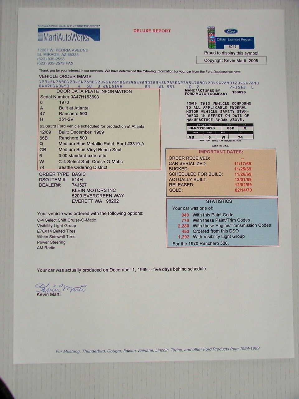 Marti AutoWorks Deluxe Report document detailing a 1970 Ford Ranchero 500