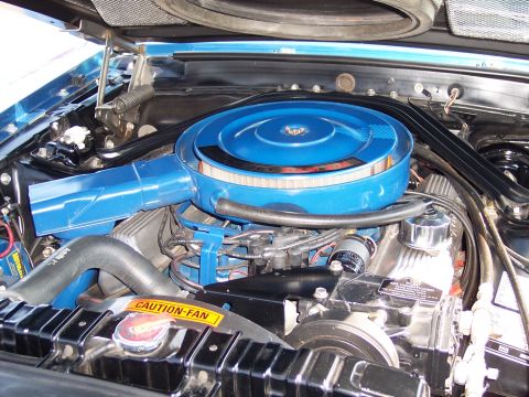 1972 Ford Ranchero - Engine bay detail of a 1972 Ford Ranchero, showing the V8 engine and blue air cleaner assembly.