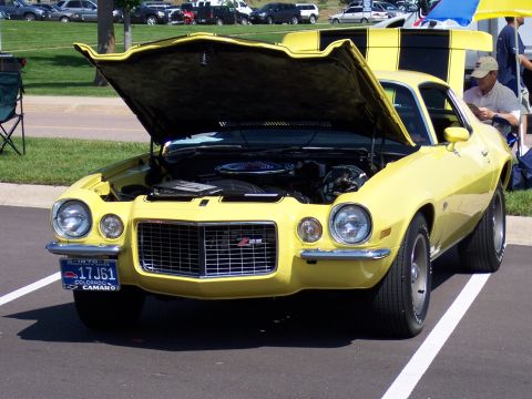 1972 Ford Ranchero - This yellow 1970 Chevrolet Camaro Z28 is displayed with its hood open, revealing the engine compartment.