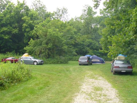 1991 Ford Probe - A campsite scene with multiple vehicles and tents set up in a wooded area.