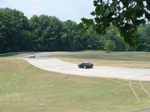 1993 Ford Taurus - Two cars drive on a winding race track surrounded by green trees under a bright sky.