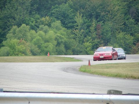 1993 Ford Taurus - Two sedans, including a red 1993 Ford Taurus, compete on a road course with trees in the background.