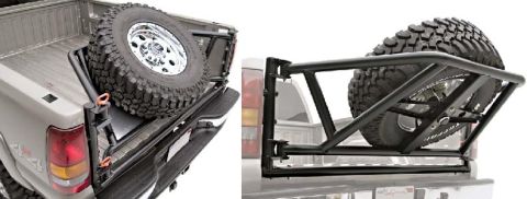 1993 Ford Bronco - Aftermarket spare tire carrier for a truck bed is shown with a large off-road tire mounted.