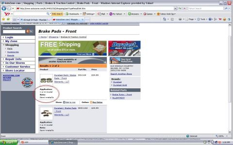 1994 Ford Probe - This AutoZone webpage lists brake pads and related parts, with application notes for a 1 or S model vehicle.
