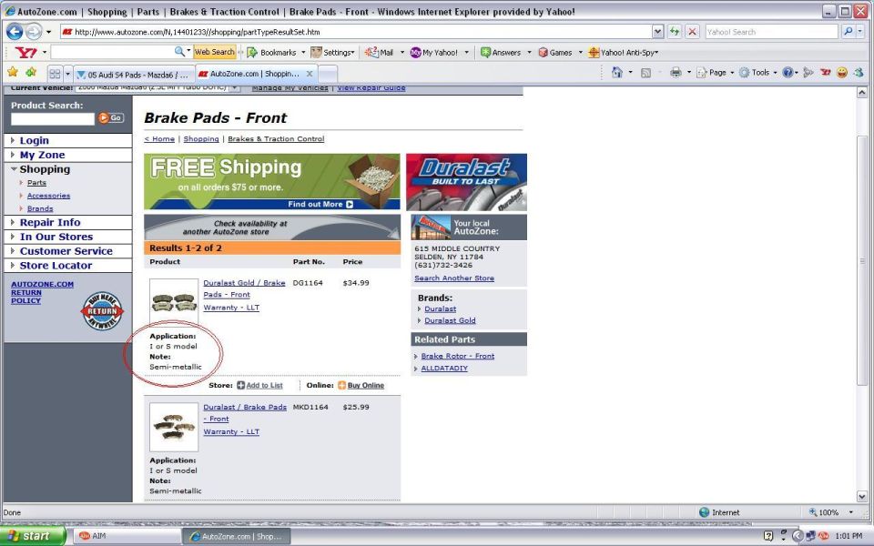 Screenshot of AutoZone website showing brake pads for a 1 or S model car