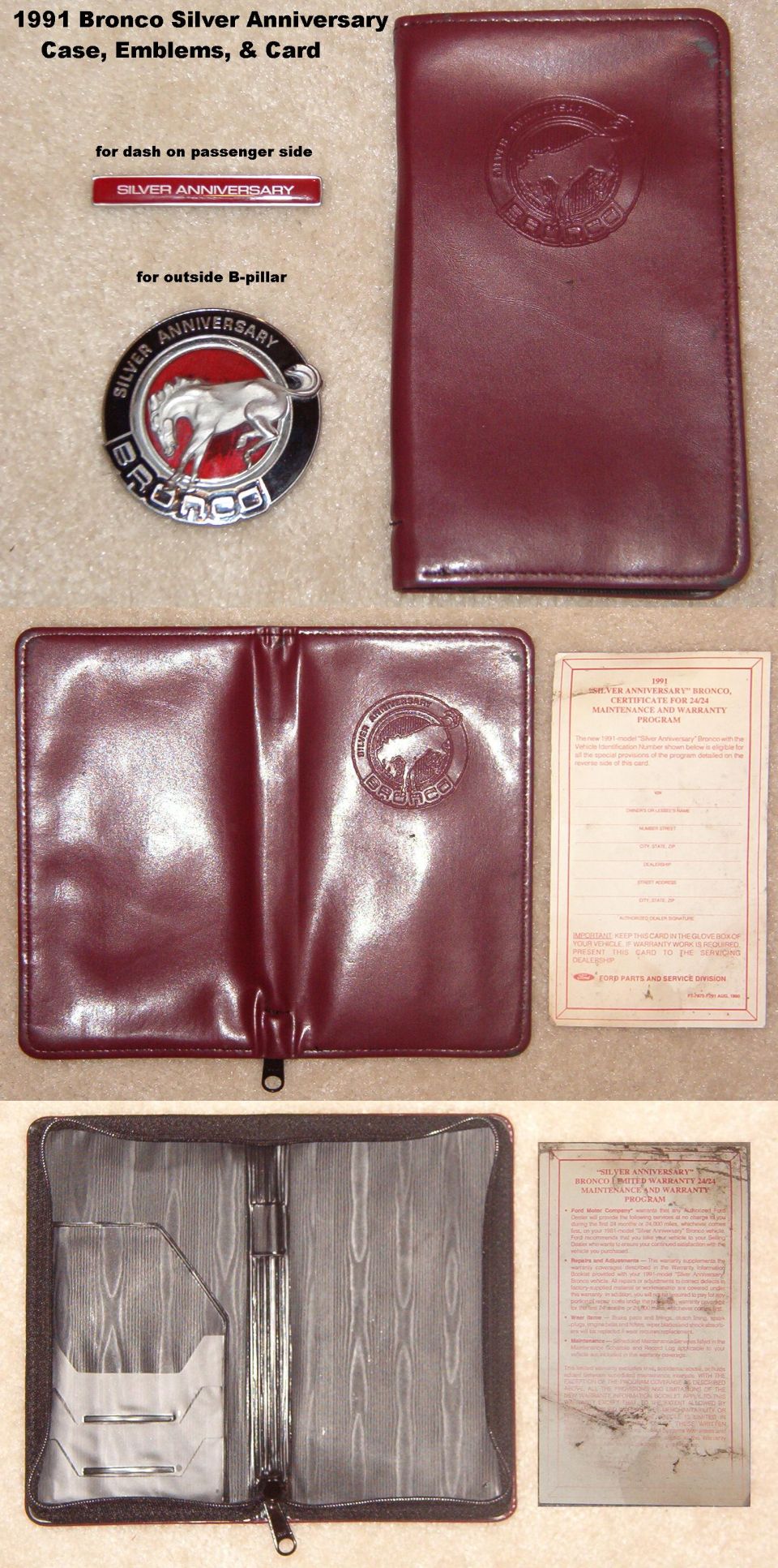 1991 Bronco Silver Anniversary case, emblems, and warranty card