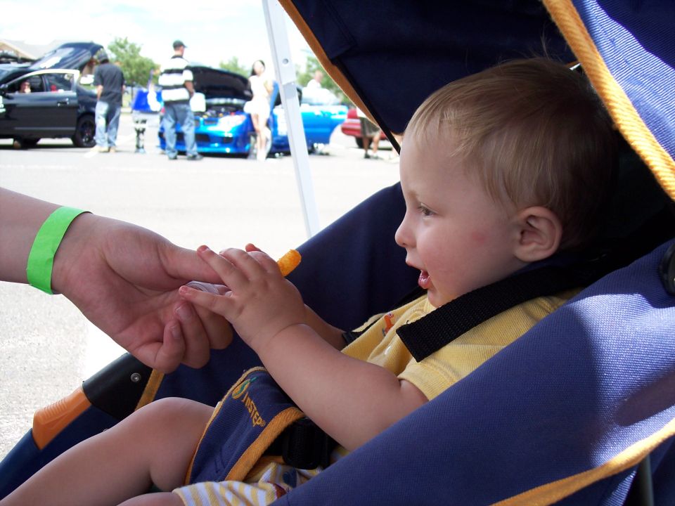 Baby in stroller, adult hand reaching in. Cars in background at an outdoor event